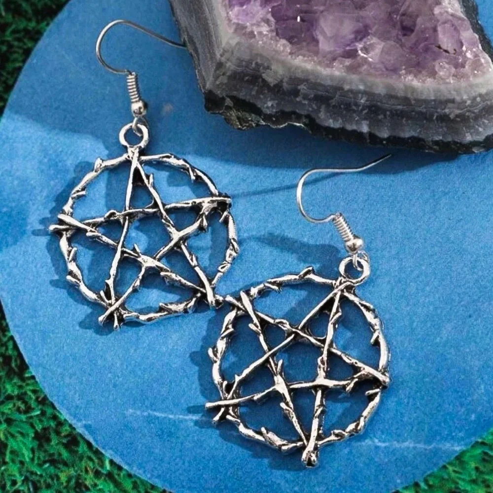 Silver Barbed Wire Pentagram Drop Earrings